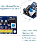 Five Pack Do It All DC-DC Power Modules For 12V To 3.3V And 5V Conversion With Triple Outputs 3.3V 5V And 12V Pass Through 800mA Max Input 6 12V Dual Sided PCB Great For DIY Electronics Prototyping Projects image showing circuit board connections and input details