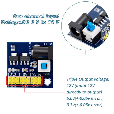 Five Pack Do It All DC-DC Power Modules For 12V To 3.3V And 5V Conversion With Triple Outputs 3.3V 5V And 12V Pass Through 800mA Max Input 6 12V Dual Sided PCB Great For DIY Electronics Prototyping Projects image showing circuit board connections and input details