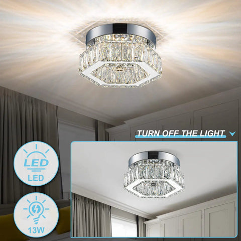 6.3 Inch Crystal Ceiling Light Fixture Mini Square Chandelier With Sparkling K9 Crystals And Stainless Steel Trim In 6500K Cool White LED Flush Mount