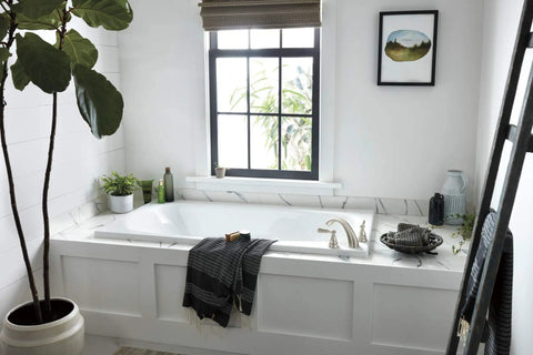 Bathroom with Elmhurst Roman Tub Trim Kit PTT4365-BN Brushed Nickel, 3-Hole 2-Handle Bath Faucet Trim over marble tub