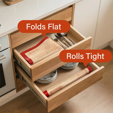 Extra Thick Non Slip Silicone Baking Mat 32 By 24 Inch stored in kitchen drawer, folds flat and rolls tight, dual color markings visible.