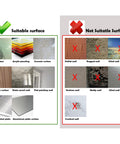 Comparison chart showing suitable surfaces for Double-Sided Mounting Tape 10 Ft Removable Adhesive Foam Tape Transparent and unsuitable surfaces.