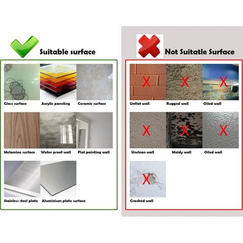 Comparison chart showing suitable surfaces for Double-Sided Mounting Tape 10 Ft Removable Adhesive Foam Tape Transparent and unsuitable surfaces.