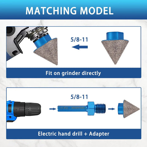 Diamond Drill Bit Set For Tile And Glass 9 Piece Includes 6mm 8mm 10mm 20mm 25mm 35mm 50mm Diamond Hole Saw Bits 35mm Beveling Chamfer Bit SDS Adapter For Glass Ceramic Porcelain Marble Brick Granite Pots, shown with grinder and hand drill compatibility.