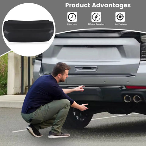 Man installing Chevrolet Suburban Tahoe GMC Yukon Rear Bumper Trailer Hitch Cover Compatible 2021 2022 2023 2024 Direct Replacement for OEM GM1129130 85139540 ABS Durable Weatherproof Tow Hitch Shield