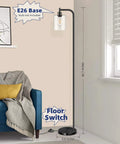 Industrial Floor Lamp With Hanging Glass Shade In Black Farmhouse Vibe, Tall Pole Light For Living Room, 66 inches high