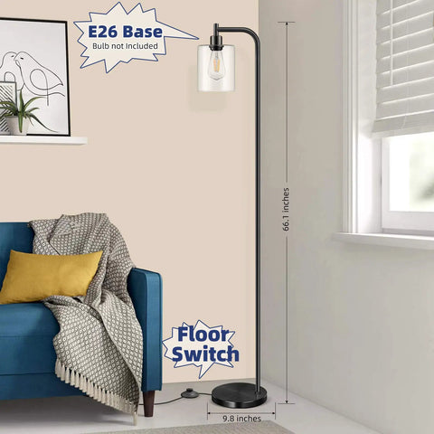Industrial Floor Lamp With Hanging Glass Shade In Black Farmhouse Vibe, Tall Pole Light For Living Room, 66 inches high