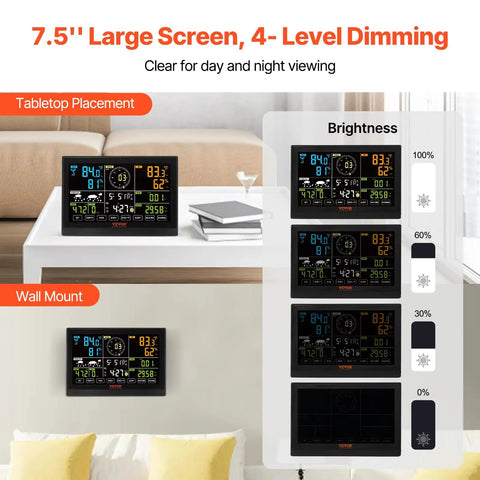 All In One WiFi Weather Station With 7 In 1 Sensor For Indoor Outdoor Use, 7.5 Inch Color Display showing brightness levels