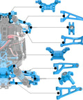Aluminum Upgrade Kit For 1/16 Scale RC Truck Front And Rear Suspension Arms, Pro Grade Steering Knuckles And Hubs, R168Z Bearings, Fits MJX Hyper GO H16BM H16GT H16DR 16208 16209 16210, Blue parts layout.