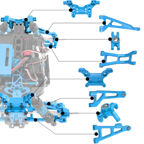 Aluminum Upgrade Kit For 1/16 Scale RC Truck Front And Rear Suspension Arms, Pro Grade Steering Knuckles And Hubs, R168Z Bearings, Fits MJX Hyper GO H16BM H16GT H16DR 16208 16209 16210, Blue parts layout.