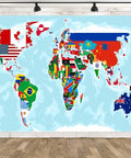 5x3ft Fabric World Map Backdrop With Flags For Parties And Classrooms, International Flag Decor on white brick wall