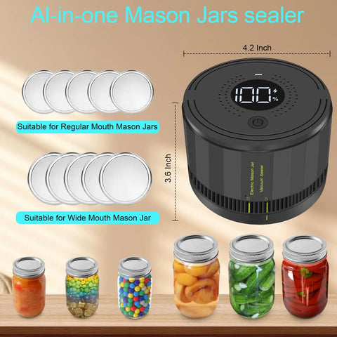 Electric Mason Jar Vacuum Sealer Kit with Auto Stop for Wide Mouth and Regular Mouth Jars with lids and jars on display