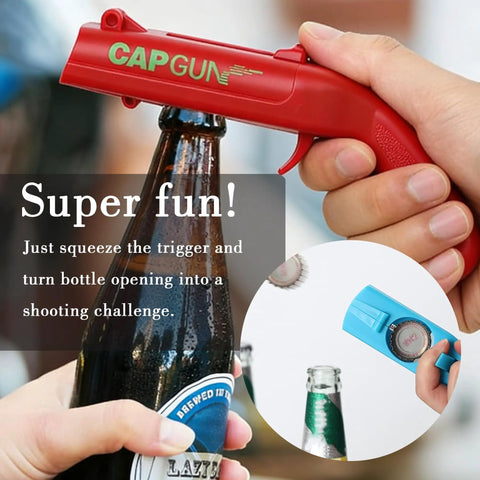Red cap launcher bottle opener gun being used to open a beer bottle, showing cap launcher mechanism for parties and tailgates.