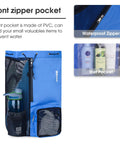 Mesh Drawstring Swim Bag With Wet Pocket For Gym And Pool Gear in navy blue showing waterproof zipper and wet pocket.