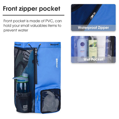 Mesh Drawstring Swim Bag With Wet Pocket For Gym And Pool Gear in navy blue showing waterproof zipper and wet pocket.