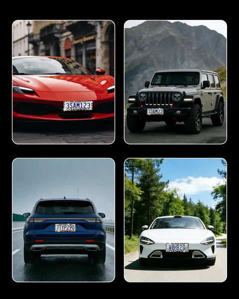 Four cars with various license plates displayed in different scenic backgrounds.