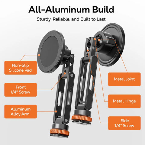 All Metal MagSafe Tripod Mount With 360 Degree Adjustable Phone Holder, highlighting aluminum build and screws, non-slip pad.