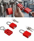 6 Hole Lockout Tagout Hasps For Group Gear Maintenance with non-conductive nylon handle and aluminum locks in use on valves