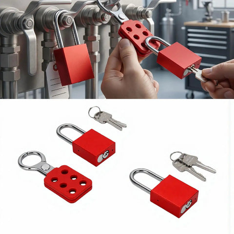 6 Hole Lockout Tagout Hasps For Group Gear Maintenance with non-conductive nylon handle and aluminum locks in use on valves