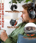 Person wearing AM FM Radio Headphones With Digital Display 25dB NRR Safety Earmuffs For Mowing Snow Blowing Construction And Workshops Ideal For Outdoor Jobs And Busy Workdays, illustrating the adjustable and cushioned design.