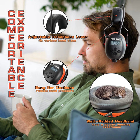 Person wearing AM FM Radio Headphones With Digital Display 25dB NRR Safety Earmuffs For Mowing Snow Blowing Construction And Workshops Ideal For Outdoor Jobs And Busy Workdays, illustrating the adjustable and cushioned design.