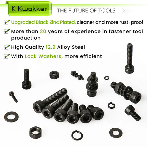 Nut And Bolt Kit With 1570Pcs M2 To M5 Hex Socket Head Screws, Nuts, Washers And Lock Washers, Zinc Plated Alloy Steel Fasteners