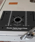 Built Tough Anodized Aluminum Router Insert Plate With Dead On Miter Grooves and Pro Level Woodworking Flip Board on workbench.