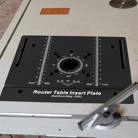 Built Tough Anodized Aluminum Router Insert Plate With Dead On Miter Grooves and Pro Level Woodworking Flip Board on workbench.
