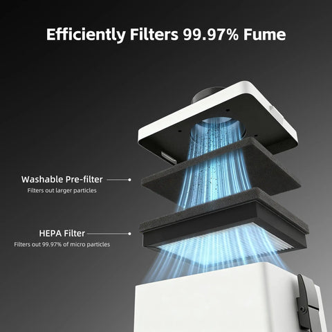 Straight Up Heavy Duty Solder Fume Extractor With Beastmode Suction And Washable Hepa Filters That Runs Pretty Damn Quiet Featuring Flex Gooseneck Snorkel And Thumb Wheel Speed Control For Workshop Bench showing HEPA filter layers and airflow.