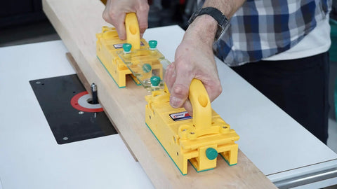 Heavy Duty Chip Deflector Connector Link For Grrripper Pushblocks Table Saw Safety Deck Handles Bridge Kit Router Table Woodworking Chips used on wood piece.