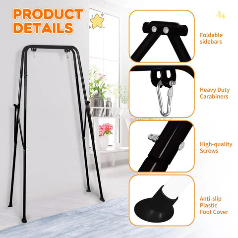 Heavy Duty Foldable Baby Swing Stand, A Frame Metal Swing Stand with foldable sidebars, carabiners, screws, foot covers