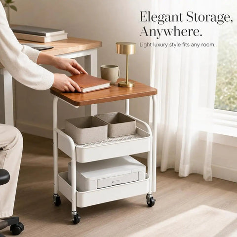 Three Tier Rolling Side Table With Lockable Casters And Spacious Storage Shelves for hassle free room to room moving with a book and decor.
