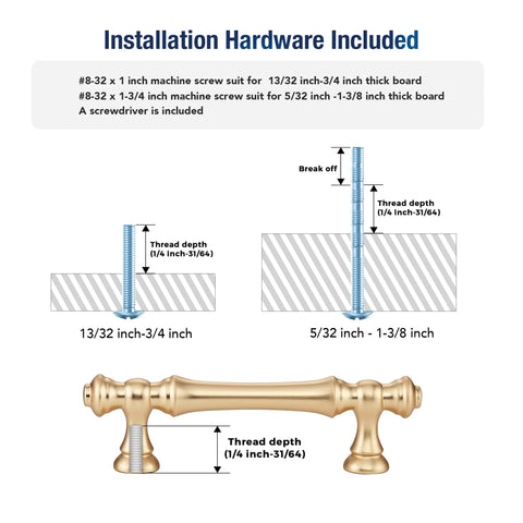 Installation instructions for Brushed Brass Cabinet Handles 10 Pack 3 Inch Hole Centers Zinc Gold Drawer Pulls For Cupboard Dresser Wardrobe With 4.42 Inch Overall Length 0.56 Inch Diameter 1.28 Inch Projection Rust Resistant.