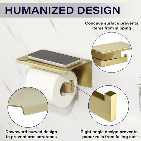 Two In One Stainless Steel Toilet Paper Holder With Shelf And Storage Dispenser SUS304 Rustproof Bathroom Organizer Stick On Or No Drill Wall Mount Gold Finish with phone and roll.