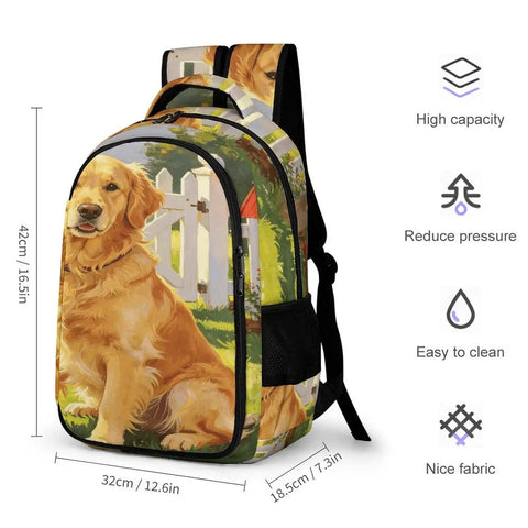 Red Mailbox Yard Pup Printed Backpack with high capacity, easy to clean durable polyester, breathable straps, unisex style.