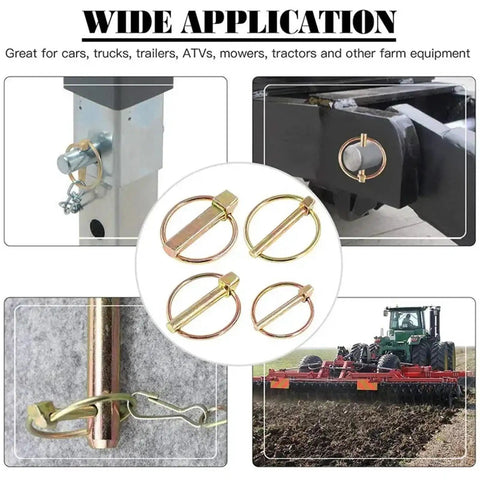 Heavy Duty Self Locking Lynch Pin Kit With Spring Steel Annular Ring Pins For Tractors Trailers Trucks And Mowers M4.5 To M11 100 Piece Set shown on various equipment