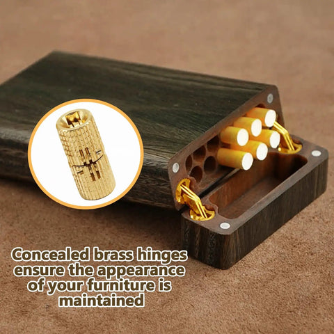8mm Brass Barrel Hinges Set for Concealed Cabinets and Jewelry Boxes Hidden Hinges displayed with wooden case
