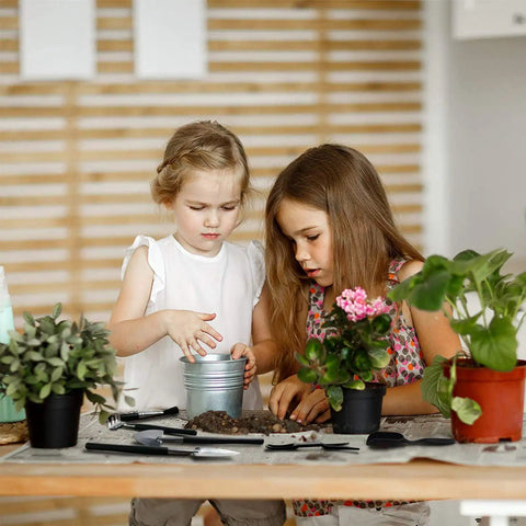 Children gardening with All-In-One Succulent Tools Set With 13-Piece Mini Garden Kit For Transplanting And Care on a desk.