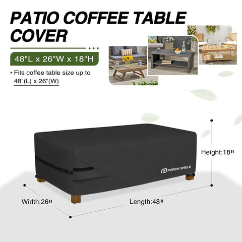 Patio Coffee Table Cover Waterproof Outdoor Furniture Shield Fits Rectangular 48 By 26 Inch Tables 18 Inch High Fadeproof UV Resistant 600D Polyester Black covering table.