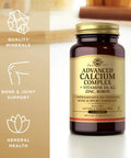 Calcium Complex For Strong Bones With Zinc, Boron, Vitamin D3 And K2, Non GMO Gluten Free Dairy Free bottle on a light background.