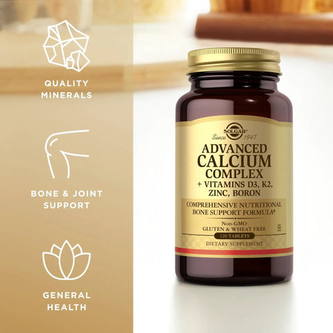 Calcium Complex For Strong Bones With Zinc, Boron, Vitamin D3 And K2, Non GMO Gluten Free Dairy Free bottle on a light background.