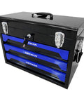 Rock Solid 20 Inch Portable Metal Toolbox With Triple Drawer Layout And Quick Access Top Tray, sleek design with blue drawers.