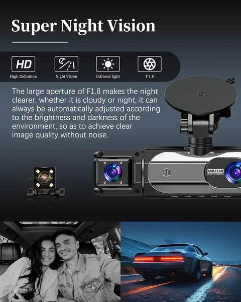 3 Channel Dash Cam For Cars Front Cabin And Rear Cameras With 1080P Resolution 32GB Card 5G Wireless WiFi, night vision features