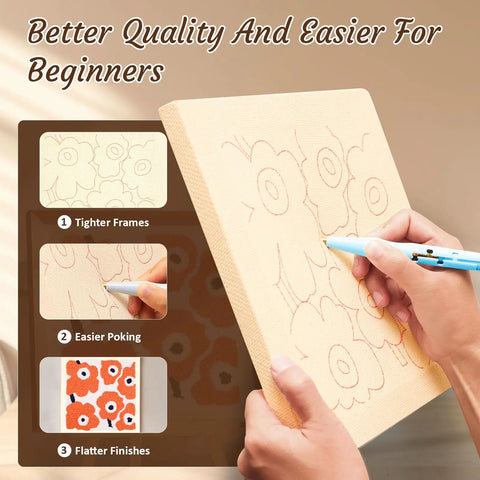 Hands using punch needle on canvas in Plant Themed Punch Needle Kit For Adults And Beginners, All In One Embroidery Craft Set.