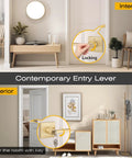Five Piece Satin Brass Door Handles Set With Lock And Key For Interior And Exterior Doors in a modern room setting