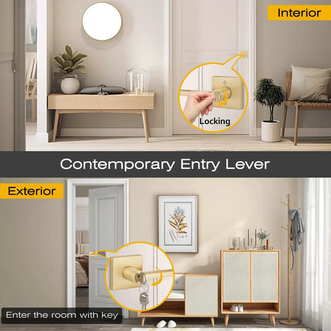 Five Piece Satin Brass Door Handles Set With Lock And Key For Interior And Exterior Doors in a modern room setting