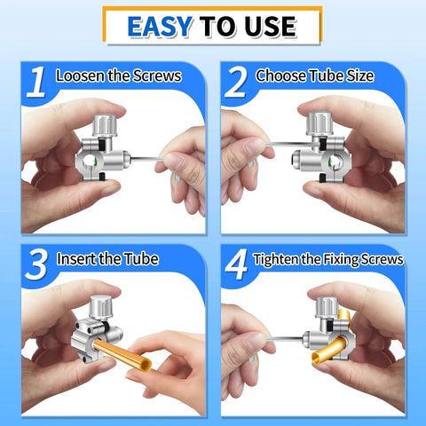 Front-view collage showing Boltigen BPV31 piercing valve installation steps: loosen screws, choose tube size, insert tube, tighten screws