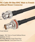 Two Pack 2 Ft 50 Ohm BNC Cable RG316 Coax, Male To Bulkhead Female, showing BNC male and female connectors with adapter details