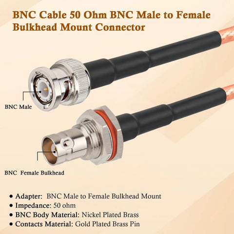 Two One Foot 50 Ohm BNC Coax Cables RG316 Male To Bulkhead Female Pro Grade, showing connectors and cable details.