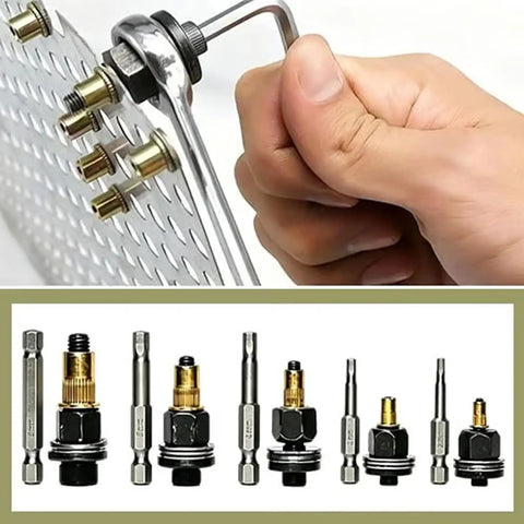 No Hassle Heavy Duty Carbon Steel Rivet Nut Tool Kit With M3 To M8 Inserts being used with a wrench on metric fasteners.